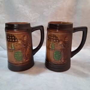 Vintage Moriyama Beer Mugs Monk Wine Cellar Japan Brown Pottery Steins Pair
